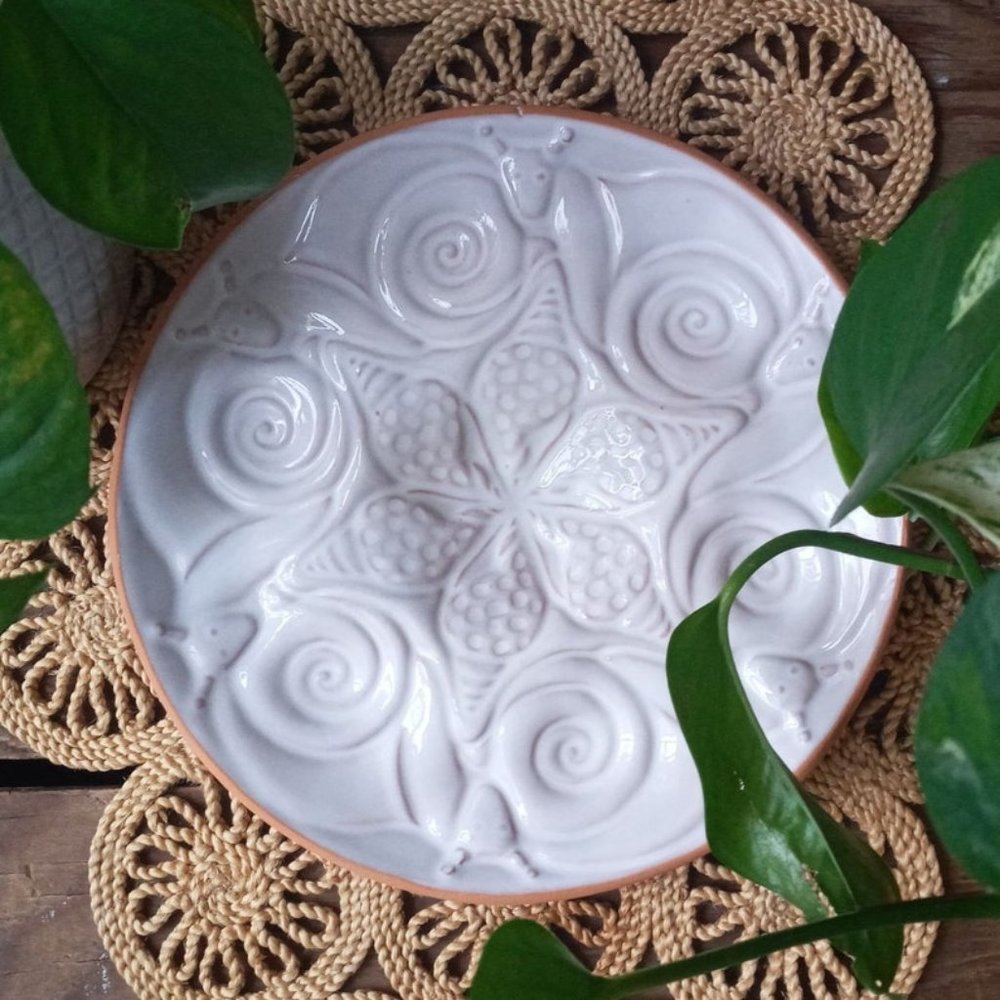 White Terra Cotta Escargot Plate Romertopf "Microwave Approved" Mexico